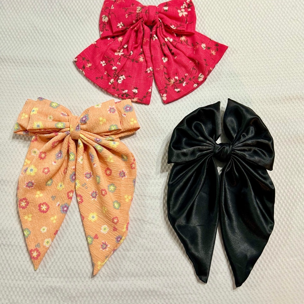 Floral and Solid  handmade Hair Bow Bundle - Pink, Orange, Black
